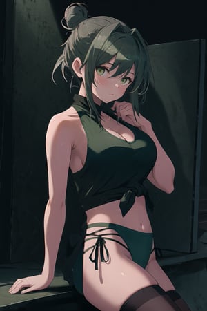 (masterpiece, best quality), 1girl, Slate gray Messy Bun with Wispy Side Bangs, big breasts, Abalone Tied halter tank top, Dark green Control panties, thighhighs