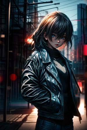 centered, award winning upper body digital art, (hyperelistic shadows), masterpiece, | korean, tight blue jean, open leather jacket, | city, sea, bokeh, blurred background, depth of field,