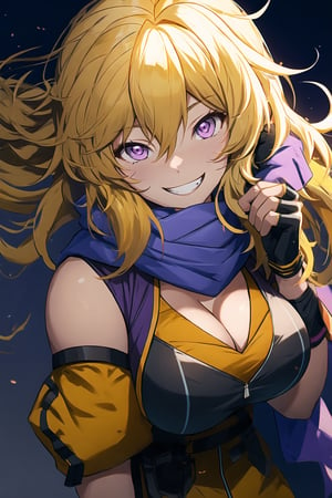 1girl, yang xiao long, solo, blonde hair, breasts, purple eyes, long hair, cleavage, smile, fingerless gloves, large breasts, grin, ahoge, scarf, gloves

