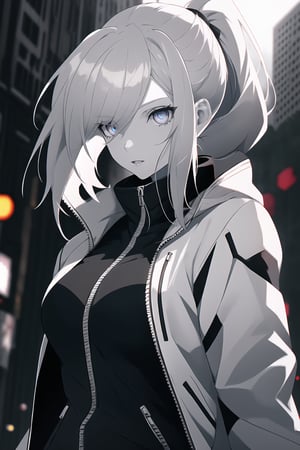 ((female)), (solo:1.2), ((masterpiece)), ((pale skin)), ((detailed eyes)), (bokeh effect), (dynamic angle), dynamic pose, silver hair, ponytail, zip-up jacket