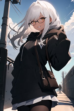 (winter background), (windy background), (best detailed), (best lighting), ( ultra-detailed), (best quality), 1woman, smile, shouting, (white hair), bangs, long-hair, past-the-weste, beautiful breasts, (black glasses), (black tight hoodie sweater), (white skirt), chest armor, (black leggings), (brown purse), clouds, lightning, vfx, full_body,r1ge,perfecteyes,guiltys