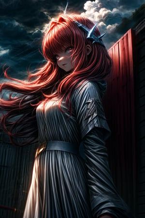 Girl, lord of thunder and lightning, daughter of Zeus, white long dress, playful red hair, HD, 64k