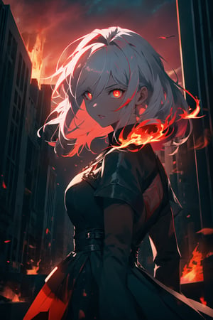 8K, high_resolution, 1080P, 1girl, (Masterpiece)), (Realistic, Photorealistic: 1.35), (RAW Photo, Best Quality), (detailed red glowing flaming eye:1.2) ,white hair, floating_hair ,scenery, shiny hair, cinematic scene, centered, beautiful face, black dress,black thin dress, (seen through dress), small thin glowing and flaming scars on face, shiny lips, burned city in background, half demon, city on fire, red sky,fire sparkel, 1 demon wing on her back, left eye looking at camera, big dragon eye in sky