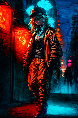 DJ girl, stylish orange jacket with a neon tint, in a white cap, pants and sneakers with neon touches, bright blue eyes, neon lanterns around