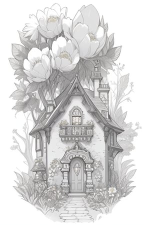 victorian style house, line drawing, enchanted fairy forest, floral, fantasy, white background, HD, anime , art by coloring-book