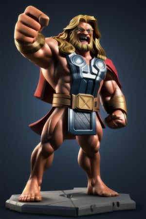 Marvel, Thor, Thor Hammer, Full Body, Standing in fighting pose ,Muscular body, lightning thunder from eyes, Thor Holding Hammer and pointing towards sky, aggressive, best quality, Masterpiece, unreal engine, octane rendere,perfecteyes,3DMM