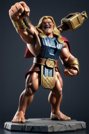 Marvel, Thor, Thor Hammer, Full Body, Standing in fighting pose ,Muscular body, lightning thunder from eyes, Thor Holding Hammer and pointing towards sky, aggressive, best quality, Masterpiece, unreal engine, octane rendere,perfecteyes,3DMM