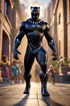 best quality, detailed texture, detailed shadows,3d style,3D render,black panther,marvel, shadow, standing, like action pose, animated, going to school, real shinning metal texture