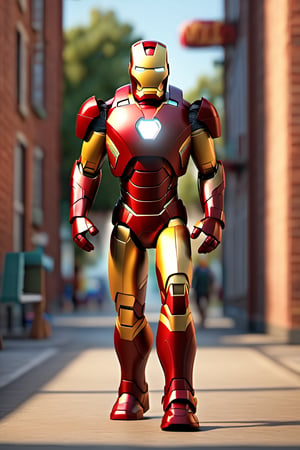 best quality, detailed texture, detailed shadows,3d style,3D render,iron man, shadow, standing, like human pose, animated, going to school