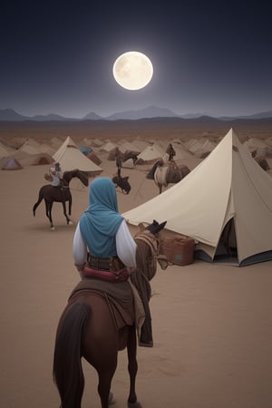 An old islamic battlefield,
A desert with sand and mountains,
midnight time,
full moon lighting,
Tents on one side and thousands of enemies standing on opposite side,
Children and women in hijab inside tents,
enemies on opposite side are thousands,
enemies holding arrows, spears,
enemies has horses,
one man alone with no face prominent standing in middle of the desert with a horse,
praying to god,
white in islamic dress,
face covered,

