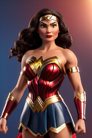 3d style,3D render,wonder women, shadow, standing, wearing marvel clothes, like human pose, animated, skin texture real