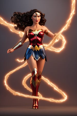 3d style,3D render,wonder women, wonder woman lightning rope, shadow, standing, wearing marvel clothes, like human pose, animated, skin texture real