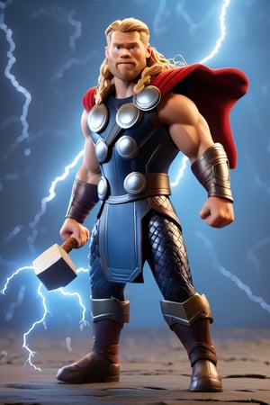 3d style,3D render,thor, thora hammer with lightning bolt on hammer, shadow, standing, wearing marvel clothes, like human pose, animated, skin texture real