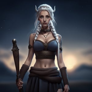 ultrarealistic 8k anime, viking women,sword, solo_female,  beatiful , face, big eyes, , night sky, front view, high_resolution, medium_breasts, runic vikings tatto rigth arm