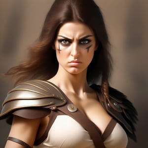 young women warrior beatiful eyes, big breast, stand for battle, based on greek mithology, background athens, photografy high definition, ultrarealistic, 8k