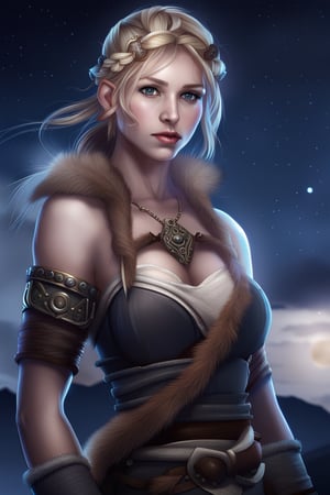 viking women,sword, solo_female,  beatiful , face, big eyes, , night sky, front view, high_resolution, medium_breasts, 