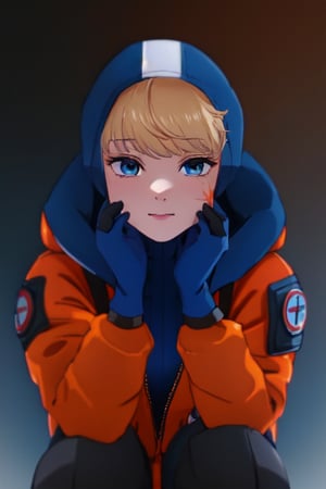 bangs, blonde hair, blue eyes , hooded bodysuit, bodysuit, white bodysuit, hood, jacket, orange jacket, gloves, knee pads, hooded jacket, blue gloves, ribbed bodysuit, blue bodysuit, thigh strap, cable, blue headwear , scar, scar on face, scar on cheek, burn scar  , wattson (apex legends),PinchingPOV, pov, cheek pull
