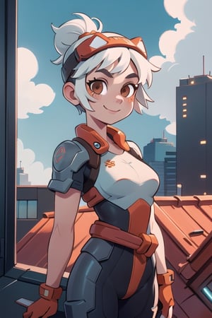 
Valk,white hair,short hair,brown eyes, orange bodysuit, smile, upper body,standing, outside,clouds,rooftop,cyberpunk, (insanely detailed, beautiful detailed face, masterpiece, best quality) solo,lobapex,Lofi,Girl,1girl