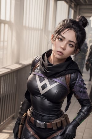 (masterpiece, best quality:1.2),  , wraith (apex legends), 1girl, solo, single hair bun, hair bun, bodysuit, scarf, black bodysuit, black hair, black scarf, belt, brown belt, gloves, black gloves, thigh strap, facing_away