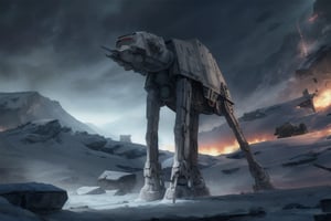 analog gloomy photo of a Star Wars ((AT-AT robot, )), (winter), (snow), (horror movie), ((nighttime)), a decayed dilapidated city, church ruins, dilapidated statues, explosions in the background, fire on the floor, High Detail, Sharp focus, (photorealism), realistic, best quality, 8k, award winning, dramatic lighting, epic, cinematic, masterpiece, rim light, ambient fog:1.3, dutch angle, depth of field, on hind legs, bipedal