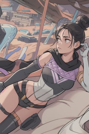 (masterpiece, best quality:1.2),  , wraith (apex legends), 1girl, solo, single hair bun, hair bun, bodysuit, scarf, black bodysuit, black hair, black scarf, belt, brown belt, gloves, black gloves, thigh strap, facing_away