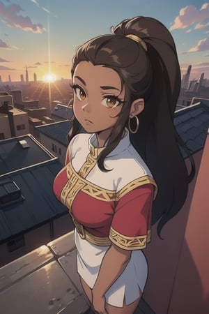 2.5D, an aztec girl, perfect body, black skin,brown skin,dark_skin_female , full body, traditional aztec clothes, 20 years old
long hair, ponytail, brown hair, yellow eyes, buff, outside,clouds,rooftop,cyberpunk, (insanely detailed, beautiful detailed face, gold streak in hair, gold_hoops, gold earings, red dress , white tunic
,Lofi,Girl,Sunrise