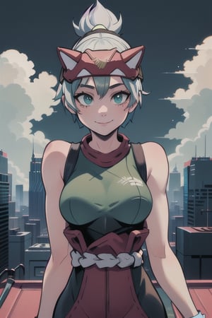 
Valk,white hair,short hair,green  eyes, smile, bodysuit ,upper body,standing, outside,clouds,rooftop,cyberpunk, (insanely detailed, beautiful detailed face, masterpiece, best quality) solo,Lofi,Girl,1girl,ahCat