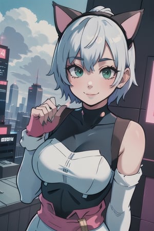 
Valk,white hair,short hair,green  eyes, smile, bodysuit ,upper body,standing, outside,clouds,rooftop,cyberpunk, (insanely detailed, beautiful detailed face, masterpiece, best quality) solo,Lofi,Girl,1girl,ahCat, neko cyber (module)