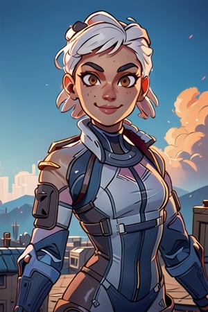 
Valk,white hair,short hair,brown eyes, orange bodysuit, smile, upper body,standing, outside,clouds,rooftop,cyberpunk, (insanely detailed, beautiful detailed face, masterpiece, best quality) solo,lofi,wraith (apex legends),wattson (apex legends),lobapex