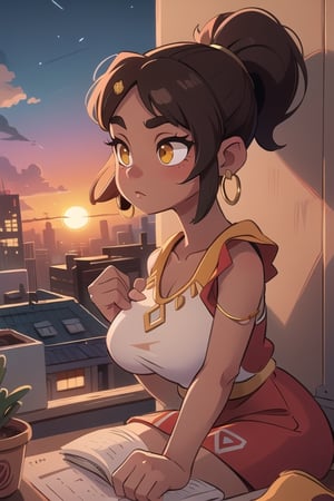 2.5D, an aztec girl, perfect body, black skin,brown skin,dark_skin_female ,hispanic , full body, traditional aztec clothes, 20 years old
long hair, ponytail, brown hair, yellow eyes, buff, outside,clouds,rooftop,cyberpunk, (insanely detailed, beautiful detailed face, gold streak in hair, gold_hoops, gold earings, red dress , white tunic
,Lofi,Girl,Sunrise, collarbone,Boy,Style