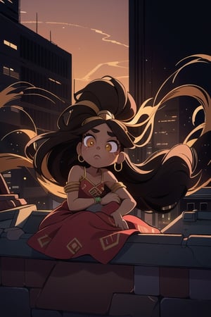 2.5D, an aztec girl, perfect body, black skin,brown skin,dark_skin_female ,hispanic , full body, traditional aztec clothes, 20 years old
long hair, ponytail, brown hair, yellow eyes, buff, outside,clouds,rooftop,cyberpunk, (insanely detailed, beautiful detailed face, gold streak in hair, gold_hoops, gold earings, red dress , white tunic
,Lofi,Girl,Sunrise, collarbone,Boy,Style,Lofi Them