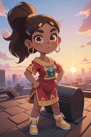 2.5D, an aztec girl, perfect body, black skin,brown skin,dark_skin_female ,hispanic , full body, traditional aztec clothes, 20 years old
long hair, ponytail, brown hair, yellow eyes, buff, outside,clouds,rooftop,cyberpunk, (insanely detailed, beautiful detailed face, gold streak in hair, gold_hoops, gold earings, red dress , white tunic
,Lofi,Girl,Sunrise, collarbone,Boy,Style