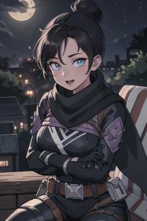 Lofi,masterpiece, best quality:1.2), , wraith (apex legends), 1girl, solo, single hair bun, hair bun, bodysuit, scarf, black bodysuit, holding, breasts, black hair, black scarf, blue eyes, belt, brown belt, bangs, parted bangs, hair behind ear, gloves, nose piercing, black gloves, thigh strap, squatting, open mouth, smile, looking at viewer, outdoors, night, fog, sitting in tree,
,Girl