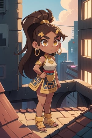 2.5D, an aztec girl, perfect body, full body, black skin, traditional aztec clothes, 20 years old
long hair, ponytail, brown hair, yellow eyes, buff, outside,clouds,rooftop,cyberpunk, (insanely detailed, beautiful detailed face, gold streak in hair, gold_hoops, gold earings
,Lofi,Girl