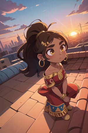 2.5D, an aztec girl, perfect body, black skin,brown skin,dark_skin_female ,hispanic , full body, traditional aztec clothes, 20 years old
long hair, ponytail, brown hair, yellow eyes, buff, outside,clouds,rooftop,cyberpunk, (insanely detailed, beautiful detailed face, gold streak in hair, gold_hoops, gold earings, red dress , white tunic
,Lofi,Girl,Sunrise, collarbone,Boy,Style