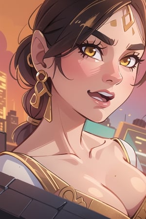 2.5D, an aztec girl, perfect body, black skin,brown skin,dark_skin_female ,hispanic , full body, traditional aztec clothes, 20 years old
long hair, ponytail, brown hair, yellow eyes, buff, outside,clouds,rooftop,cyberpunk, (insanely detailed, beautiful detailed face, gold streak in hair, gold_hoops, gold earings, red dress , white tunic
,Lofi,Girl,Sunrise, collarbone,Boy,Style,Lofi Them