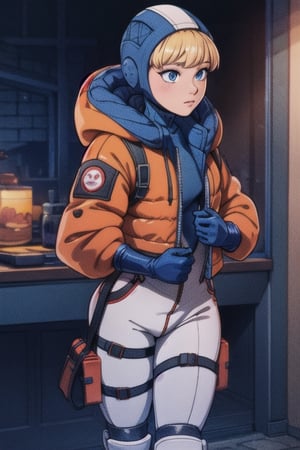 wattson (apex legends),bangs, blonde hair, blue eyes,  hooded bodysuit, bodysuit, white bodysuit, hood, jacket, orange jacket, gloves, knee pads, hooded jacket, blue gloves, ribbed bodysuit, blue bodysuit, thigh strap, cable, blue headwear,lofi,hourglass body shape,n4git4