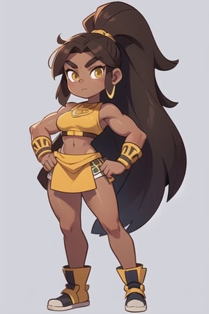 2.5D, an aztec girl, perfect body, full body, black skin,
long hair, ponytail, brown hair, yellow eyes, muscle
 

