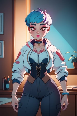 1girl, beautiful lobapex, white jacket, tattoo, corset, skirt, pants, choker, colored hair, makeup, athletic, (wide hips, thick thighs:0.7), volumetric lighting, best quality, masterpiece, intricate details, tonemapping, sharp focus, very detailed, trending on Artstation, lofi