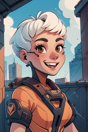 
Valk,white hair,short hair,brown eyes, orange bodysuit, smile, upper body,standing, outside,clouds,rooftop,cyberpunk, (insanely detailed, beautiful detailed face, masterpiece, best quality) solo,lofi