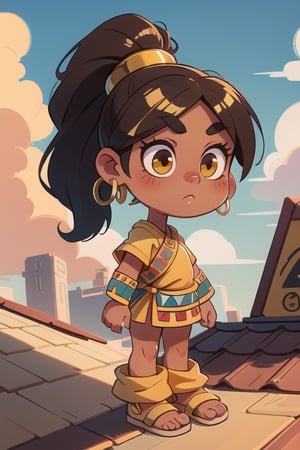 2.5D, an aztec girl, perfect body, full body, black skin, traditional aztec clothes, 20 years old
long hair, ponytail, brown hair, yellow eyes, buff, outside,clouds,rooftop,cyberpunk, (insanely detailed, beautiful detailed face, gold streak in hair, gold_hoops, gold earings
,Lofi,Girl,