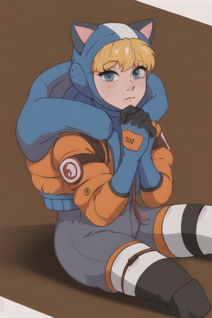 hooded bodysuit, bodysuit, white bodysuit, hood, jacket, orange jacket, gloves, knee pads, hooded jacket, blue gloves, ribbed bodysuit, blue bodysuit, thigh strap, cable, blue headwear, bangs, blonde hair, blue eyes, scar, scar on face, scar on cheek, burn scar, wattson (apex legends),wattson (apex legends),ahCat, cat ears, sleeveless dress, striped thighhighs, detached sleeves, collar, jingle bell, hands on floor, paw shoes, ,blue theme, thigh highs, pantyhose 