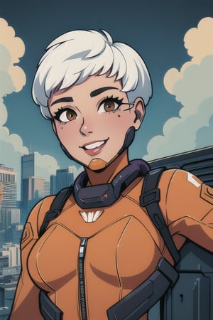 
Valk,white hair,short hair,brown eyes, orange bodysuit, smile, upper body,standing, outside,clouds,rooftop,cyberpunk, (insanely detailed, beautiful detailed face, masterpiece, best quality) solo,lofi