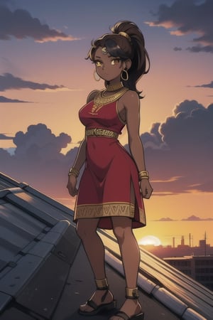 2.5D, an aztec girl, perfect body, black skin,brown skin,dark_skin_female , full body, traditional aztec clothes, 20 years old
long hair, ponytail, brown hair, yellow eyes, buff, outside,clouds,rooftop,cyberpunk, (insanely detailed, beautiful detailed face, gold streak in hair, gold_hoops, gold earings, red dress 
,Lofi,Girl,Sunrise