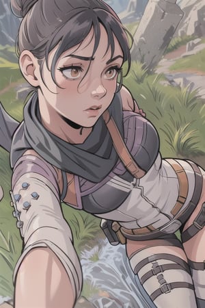 (masterpiece, best quality:1.2),  , wraith (apex legends), 1girl, solo, single hair bun, hair bun, bodysuit, scarf, black bodysuit, black hair, black scarf, belt, brown belt, gloves, black gloves, thigh strap, facing_away