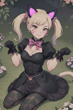 masterpiece, best quality, highres, ddhana, blonde hair, twintails, hair bow, animal ears, whisker markings, heart earrings, cat tail, bowtie, pink bow, cleavage, gothic, black dress, short sleeves, puffy sleeves, black gloves, purple skirt, argyle, pantyhose, , garden, paw pose, smile,aahana