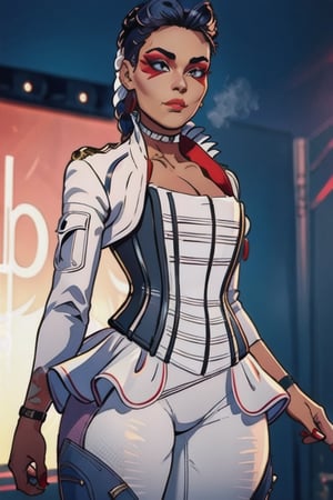 1girl, beautiful lobapex, white jacket, tattoo, corset, skirt, pants, choker, colored hair, makeup, athletic, (wide hips, thick thighs:0.7), volumetric lighting, best quality, masterpiece, intricate details, tonemapping, sharp focus, very detailed, trending on Artstation, lofi