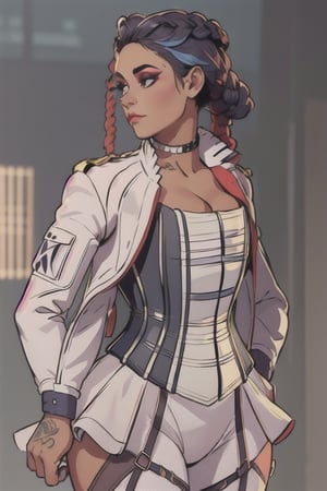 1girl, beautiful lobapex, white jacket, tattoo, corset, skirt, pants, choker, colored hair, makeup,  athletic, (wide hips, thick thighs:0.7), volumetric lighting, best quality, masterpiece, intricate details, tonemapping, sharp focus, very detailed, trending on Artstation, realistic  