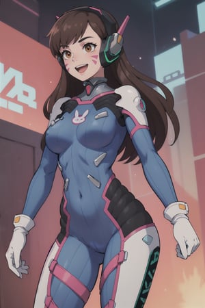 masterpiece, best quality, highres, aahana, long hair, brown hair, headphones, whisker markings, shoulder pads, blue bodysuit, ribbed bodysuit, animal print, clothes writing, long sleeves, white gloves, , cowboy shot, standing, holding weapon, handgun, smile, open mouth, cyberpunk, 