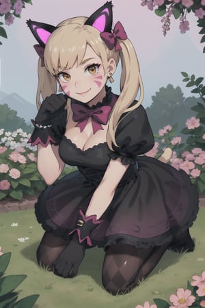 masterpiece, best quality, highres, ddhana, blonde hair, twintails, hair bow, animal ears, whisker markings, heart earrings, cat tail, bowtie, pink bow, cleavage, gothic, black dress, short sleeves, puffy sleeves, black gloves, purple skirt, argyle, pantyhose, , garden, paw pose, smile,aahana